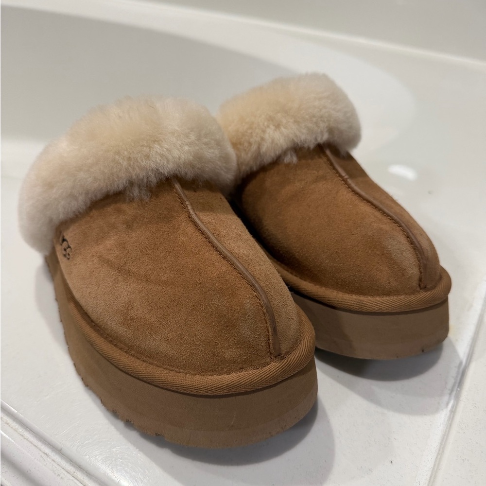 UGG Chestnut Suede Shearling Clog Mules